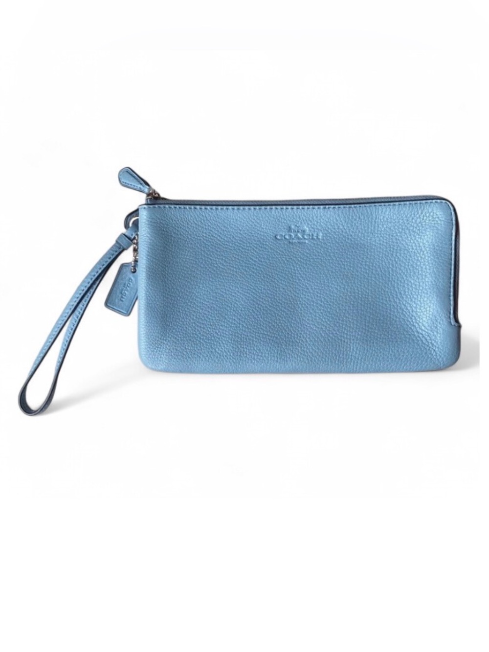 Coach Double Zip Wristlet F54056 Cornflower Blue Pebbled Leather NWT Wallet